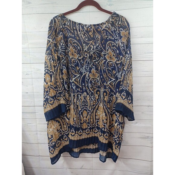 Catherines Blouse Pleated Crinkle 1/2 Sleeve Blue Gold Plus Sz 22/24W Beaded - Picture 5 of 7